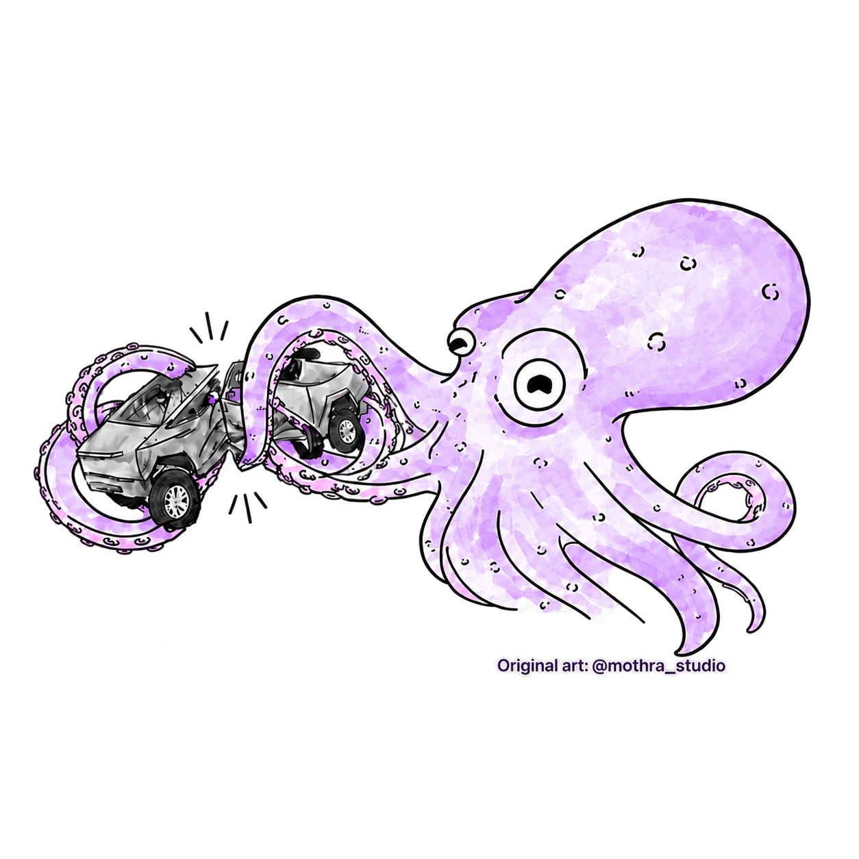 Vanessa, the purple Mischief Partners octopus, squeezing a Cybertruck. Original art by @mothra_studio.